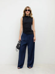 Mid Rise Straight Leg Pleated Trouser