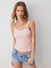 Cotton-blend Floral Square Neck Lace Trim Cami Top