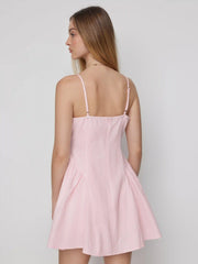 Textured Cotton V-neck Knotted Flared Mini Dress