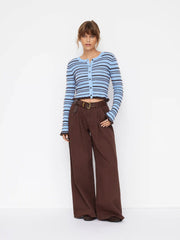 Knit Wool-blend Striped Round Neckline Long Sleeve Lettuce Trim Cardigan