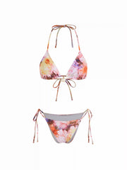 Halter Neckline Floral Tie Dye Triangle Bikini Set With Shell Charm