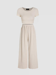 Knitted Short Sleeve Crop Top & Wide Leg Trousers Set