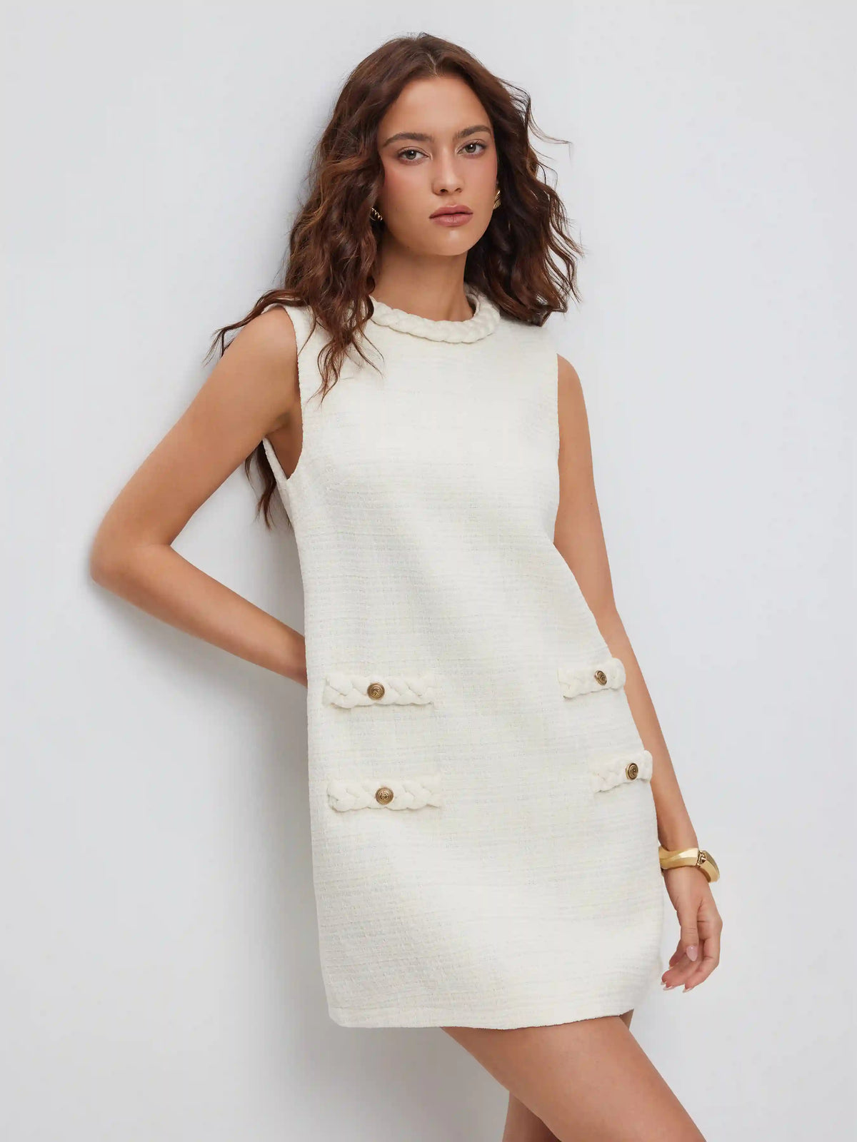Tweed Twist Knotted Metal Detail A-line Mini Dress