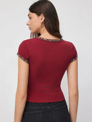 Cotton-blend Leopard Heart Applique Short Sleeve Tee