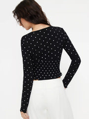 Cotton-blend V-Neck Polka Dot Smocked Lettuce Trim Top
