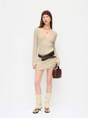 Knit V-neck Wrap A-line Mini Dress With Belt
