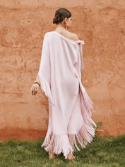 Satin Asymmetrical Neck Cloak Sleeve Fringe Oversized Maxi Dress
