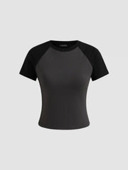 Cotton-blend Round Neckline Two Tone Solid Short Sleeve Tee