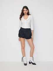 Cotton-blend Peter Pan Collar Middle Sleeve Blouse