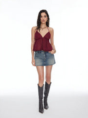 Pointelle V-Neck Halter Ruffle Hem Cami Top