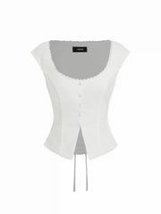 Linen-blend Scoop Neck Lace Trim Short Sleeve Blouse