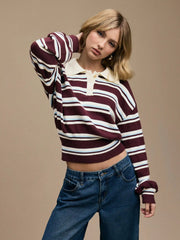 Knit Polo Striped Lantern Sleeve Top