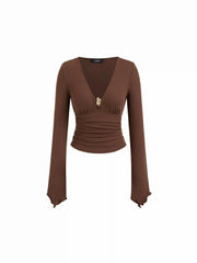 V-neck Metal Detail Long Sleeve Ruched Lettuce Trim Top