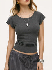 Round Neckline Ruffle Sleeve Ruched Waist Top