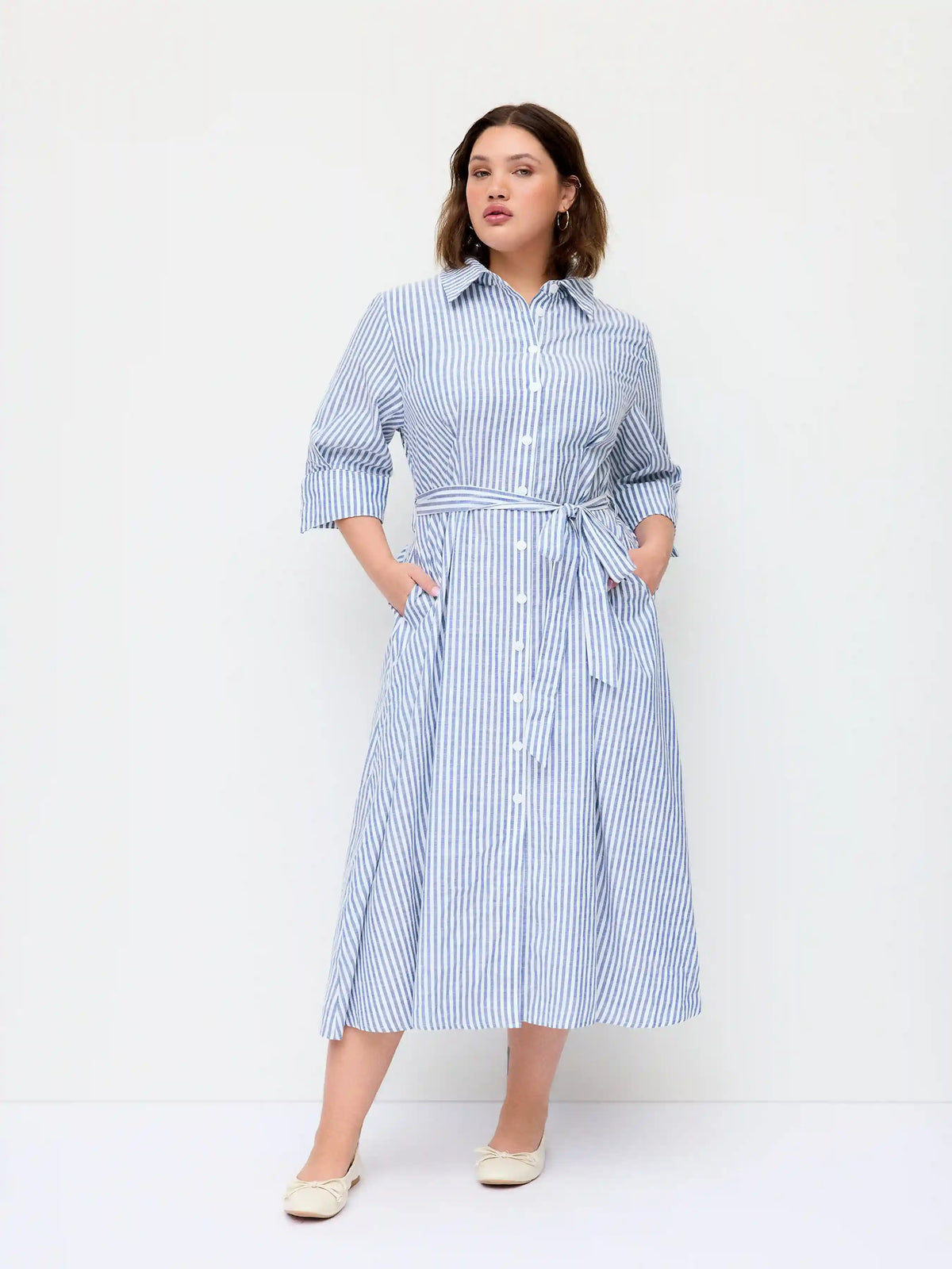 Cotton-blend Striped Short Sleeve Draped Belted Shirt Midi Dress Curve & Plus