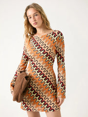 Boat Neck Bell Sleeve Striped Mini Dress
