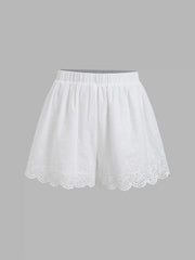Cotton Broderie Anglaise Lace Trim Bowknot Top & Mid Rise Elastic Waist Shorts Set