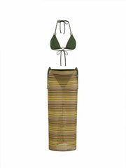 Halter Neckline Ring Linked Tie Side Triangle Bikini Set With Stripe Beach Skirt