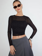 Two-piece Mesh Boat Neck Polka Dot Top & Solid Cami Top