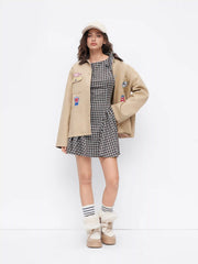 Jacquard Checks Bowknot Ruffle Hem Mini Dress