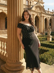 Mesh Polka Dot Off-shoulder Ruffled Top & Mid Rise Mermaid Maxi Skirt Set Curve & Plus