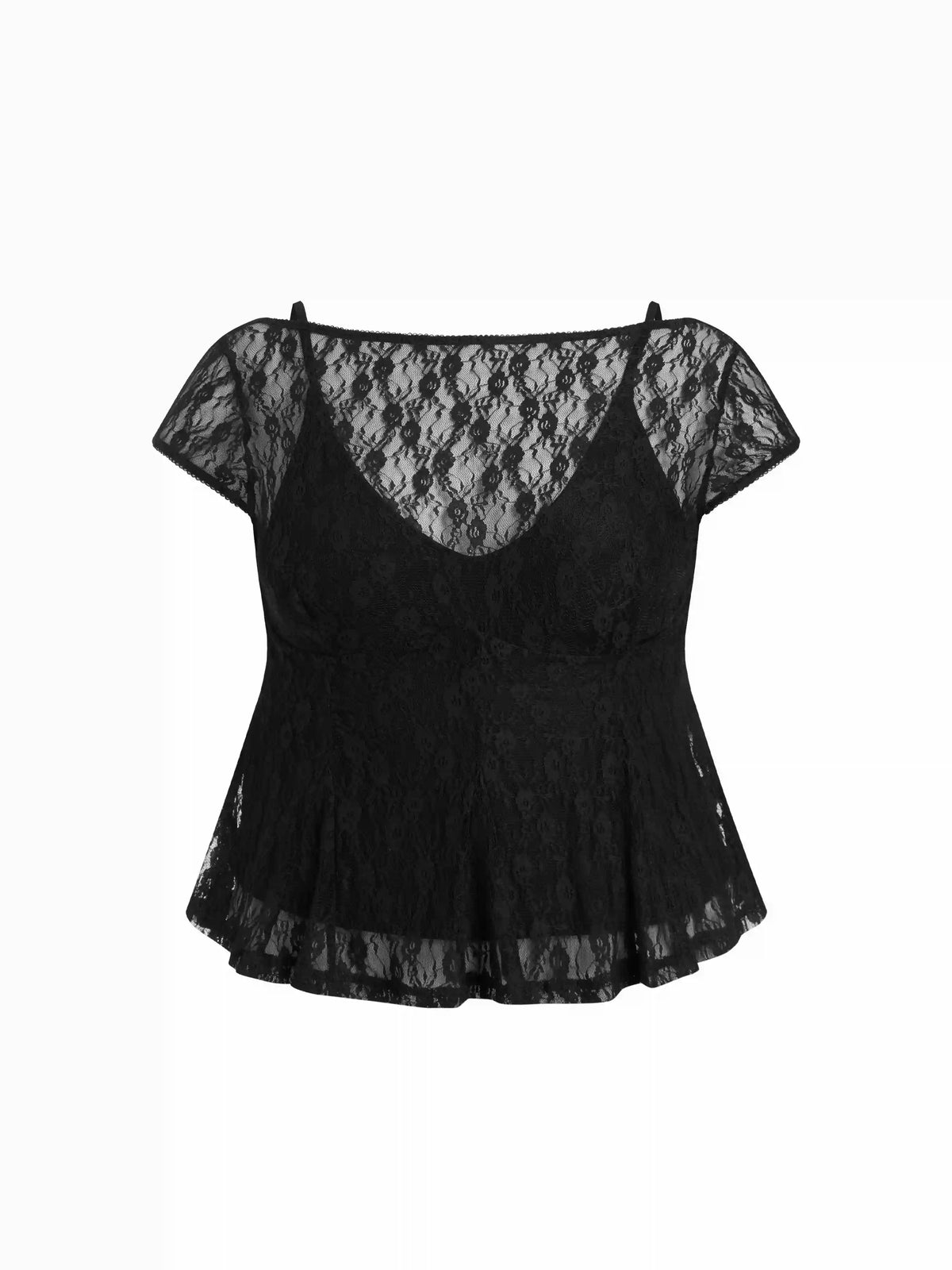 Lace Boat Neck Short Sleeve Backless Blouse & Cami Top Set Curve & Plus
