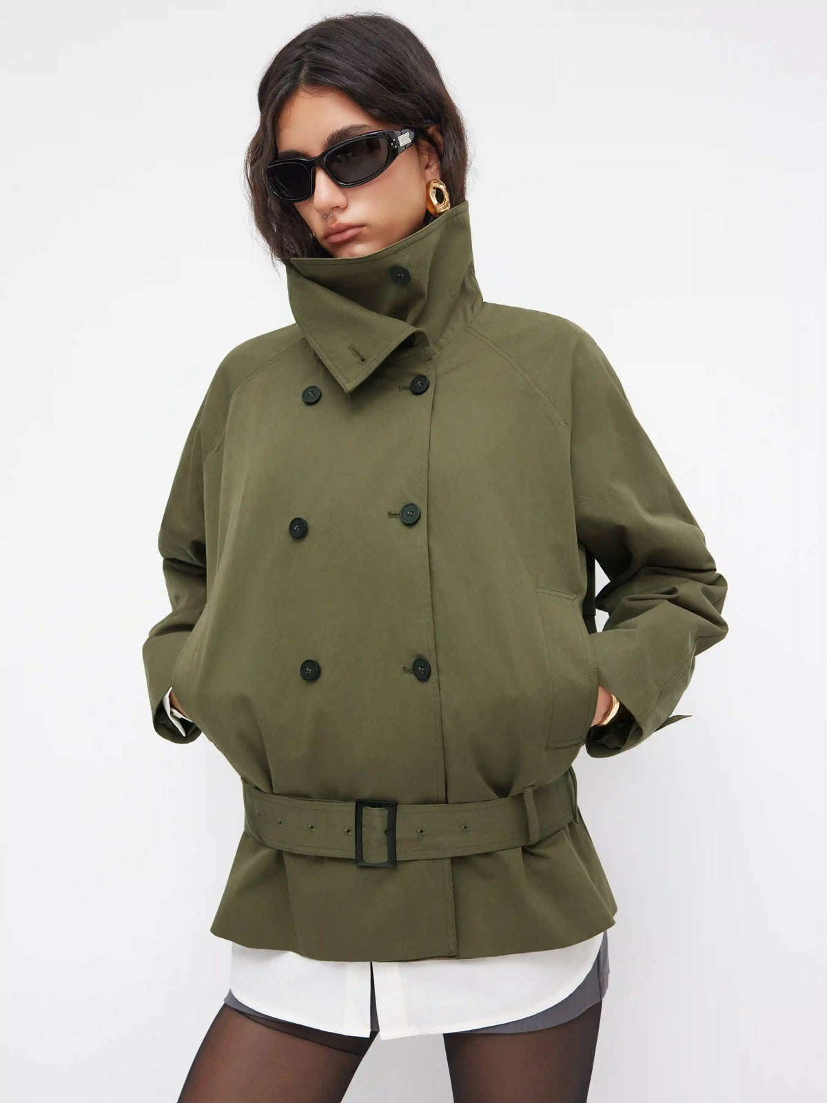 Multi-way Cotton Funnel Neck Double Breasted Oversized Windbreaker With Belt
