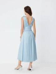Satin V-neck Lace Trim Sleeveless Flared Maxi Dress