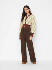 Knit Plaid Colorblock Round Neckline Lantern Sleeve Button Cardigan