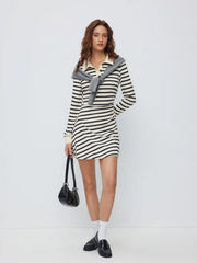 Cotton-blend Stripe Collar Long Sleeve Mini Dress