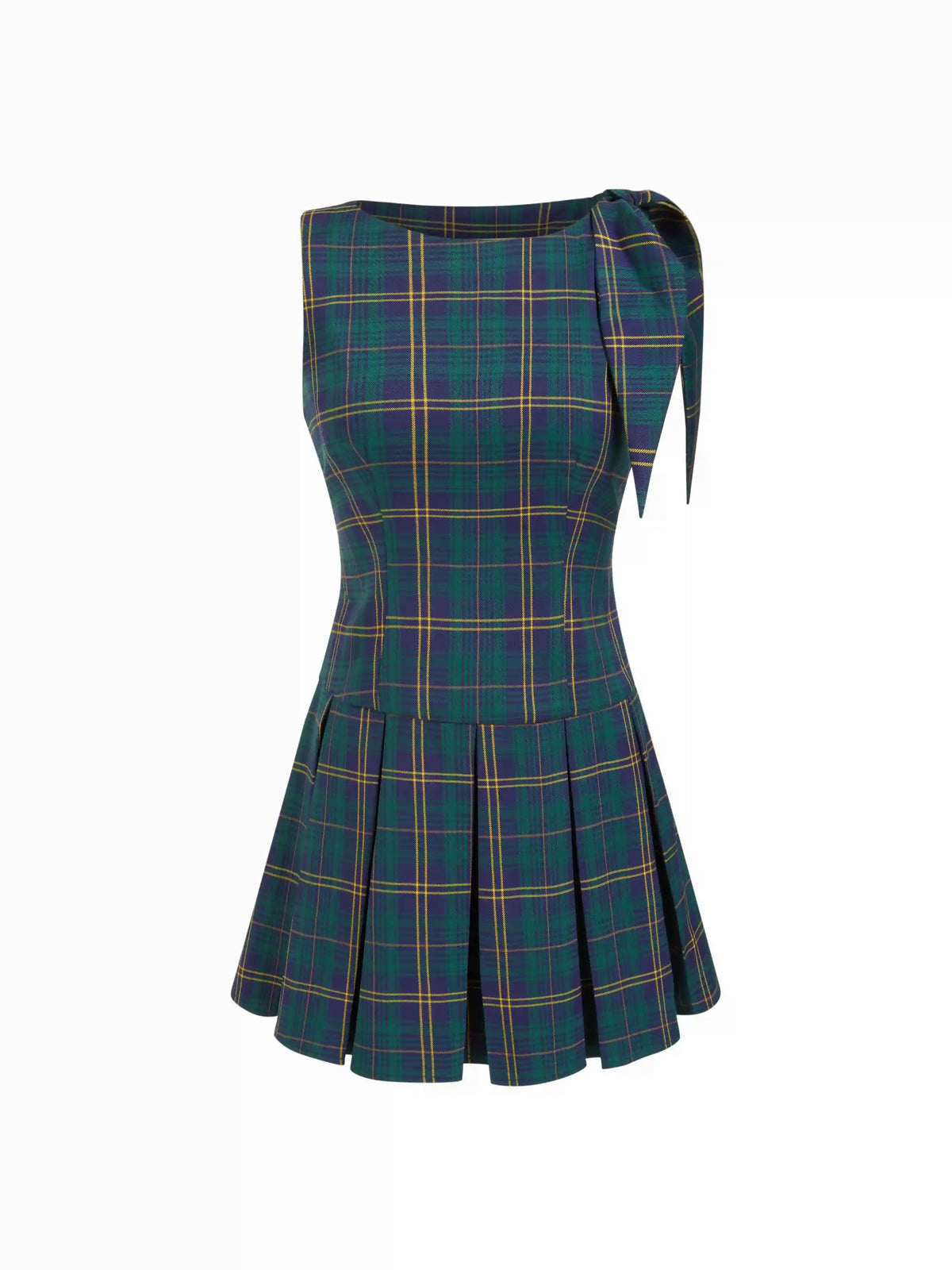 Plaid Boat Neck Bowknot Zipper Pleated Mini Dress