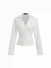 Cotton-blend V-neck Long Sleeve Lettuce Trim Bowknot Blouse