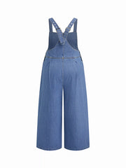 Denim Pleated Belted Shoulder Straps Jumpsuit Curve & Plus