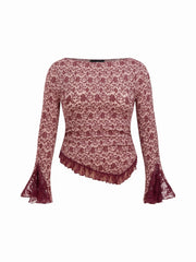 Floral Boat Neck Lace Trim Asymmetrical Hem Bell Sleeve Ruched Top Curve & Plus