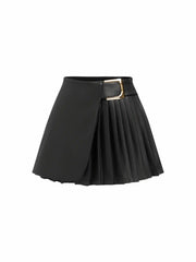 Faux Leather Mid Rise Pleated Buckle Mini Skirt