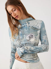 Mesh Graphic Turtleneck Top