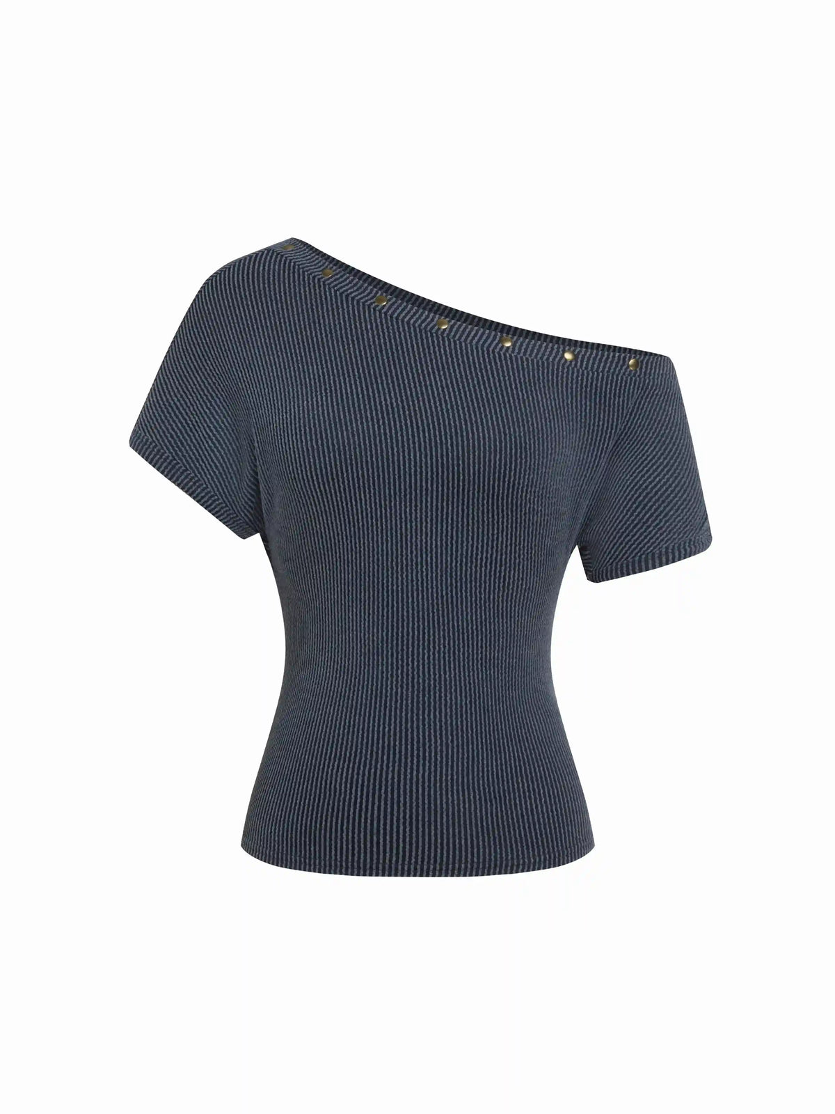 Textured Asymmetrical Neck Short Sleeve Metal Detail Top