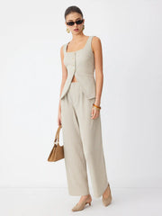 Textured Square Neck Mid Rise Button Wide Leg Jumpsuit