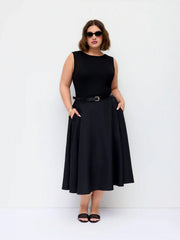 Boat Neck Sleeveless Pocket Midi A-line Dress With Belt Curve & Plus