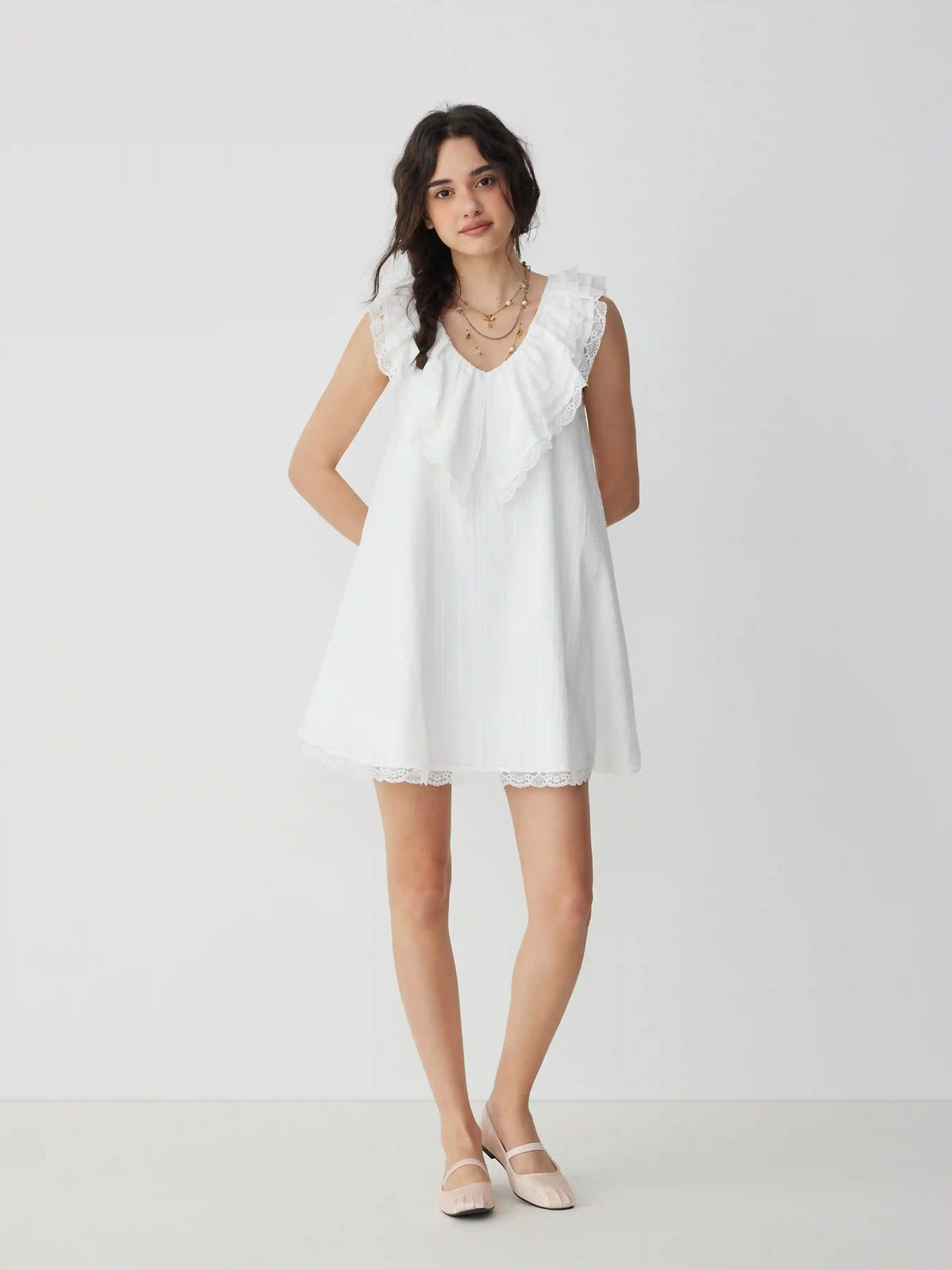 Cotton V-neck Ruffle Sleeve Lace Panel Babydoll Mini Dress