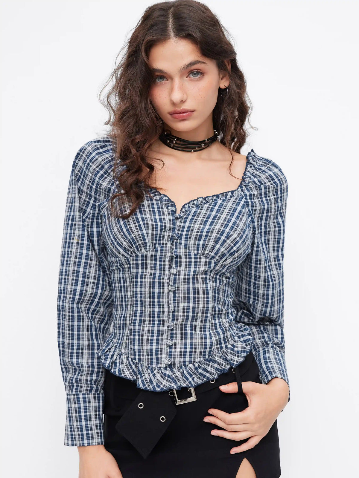Cotton-blend Sweetheart Neckline Plaid Lettuce Trim Blouse