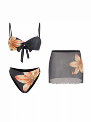 Floral Sweetheart Knotted Front Bracelet Bikini Set With Sheer Skirt