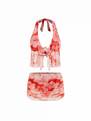 Floral Halter Neck Ruched Flower Detail Bikini Set With Cover Up Skirt