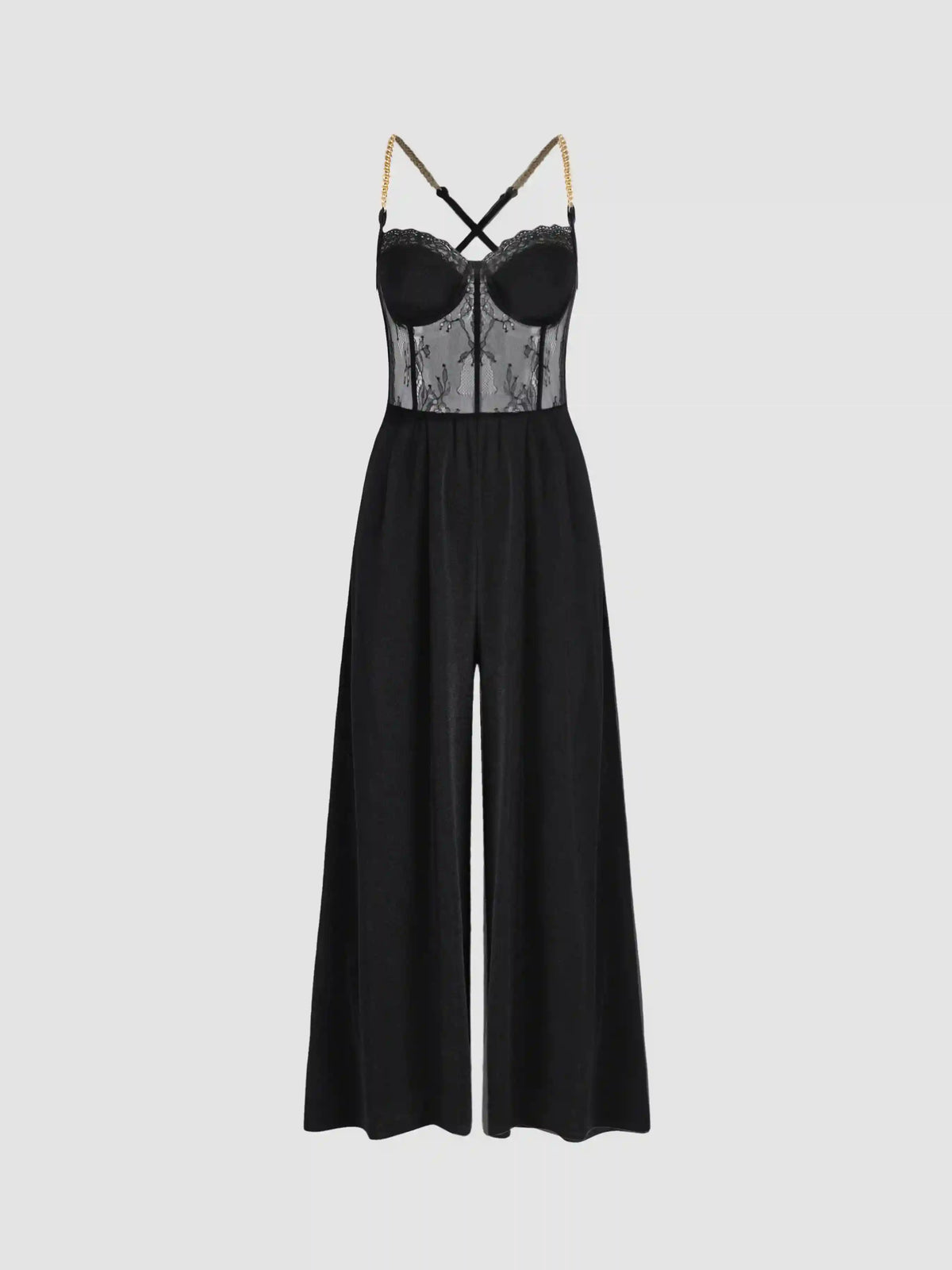 Solid Lace Corset Chain Cross Wide Leg Jumpsuit