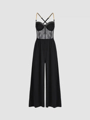 Solid Lace Corset Chain Cross Wide Leg Jumpsuit