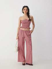Cotton-blend Gingham Shirred Strapless Top & Low Rise Straight Leg Trousers Set