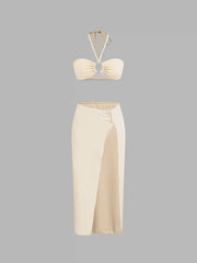 V-neck Solid O-Ring Halter Cheeky Bikini Swimsuit With Cover Up Beach Skirt