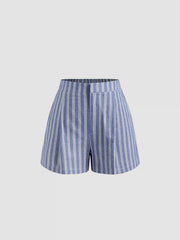 Cotton-blend Halter Neckline Stripe Tie Front Shirred Top &  Mid Rise Shorts Set