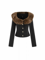 Stretch Denim Faux Fur Trim Scoop Neckline Long Sleeve Jacket