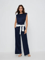 High Stretch Mid Rise Ruched Wide Leg Jumpsuit